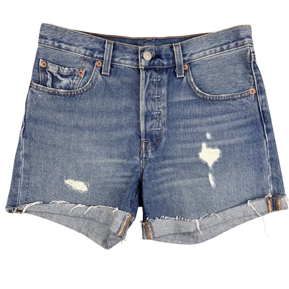 Levis Womens 501 High-Waisted Distressed Denim Shorts With Raw Hem Size 26